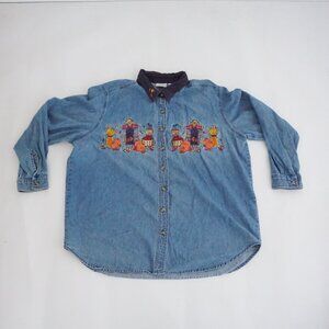 Vintage Bobbie Brooks Blue Embroidered Scarecrow Pumpkin Denim Shirt Jean 18W